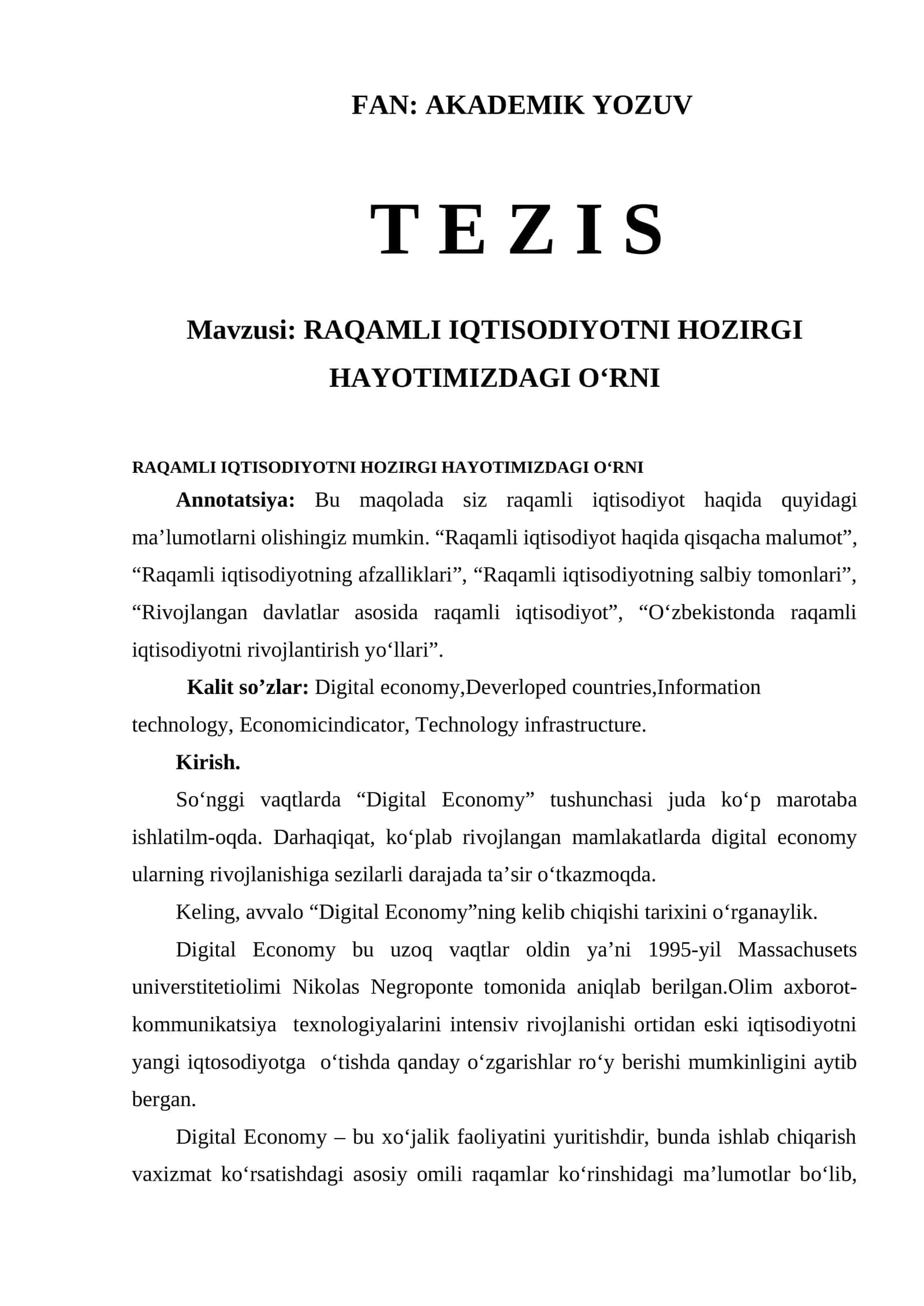 RAQAMLI IQTISODIYOTNI HOZIRGI HAYOTIMIZDAGI OʻRNI
