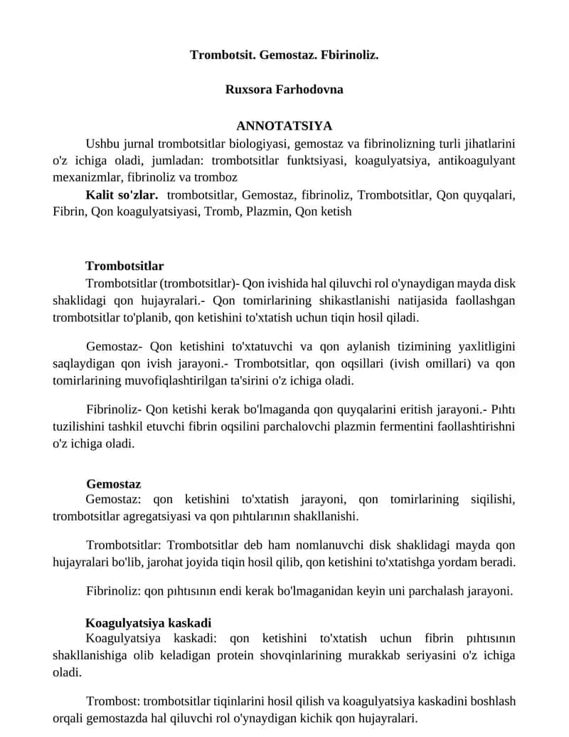 Trombotsitlar biologiyasi, gemostaz va fibrinoliz