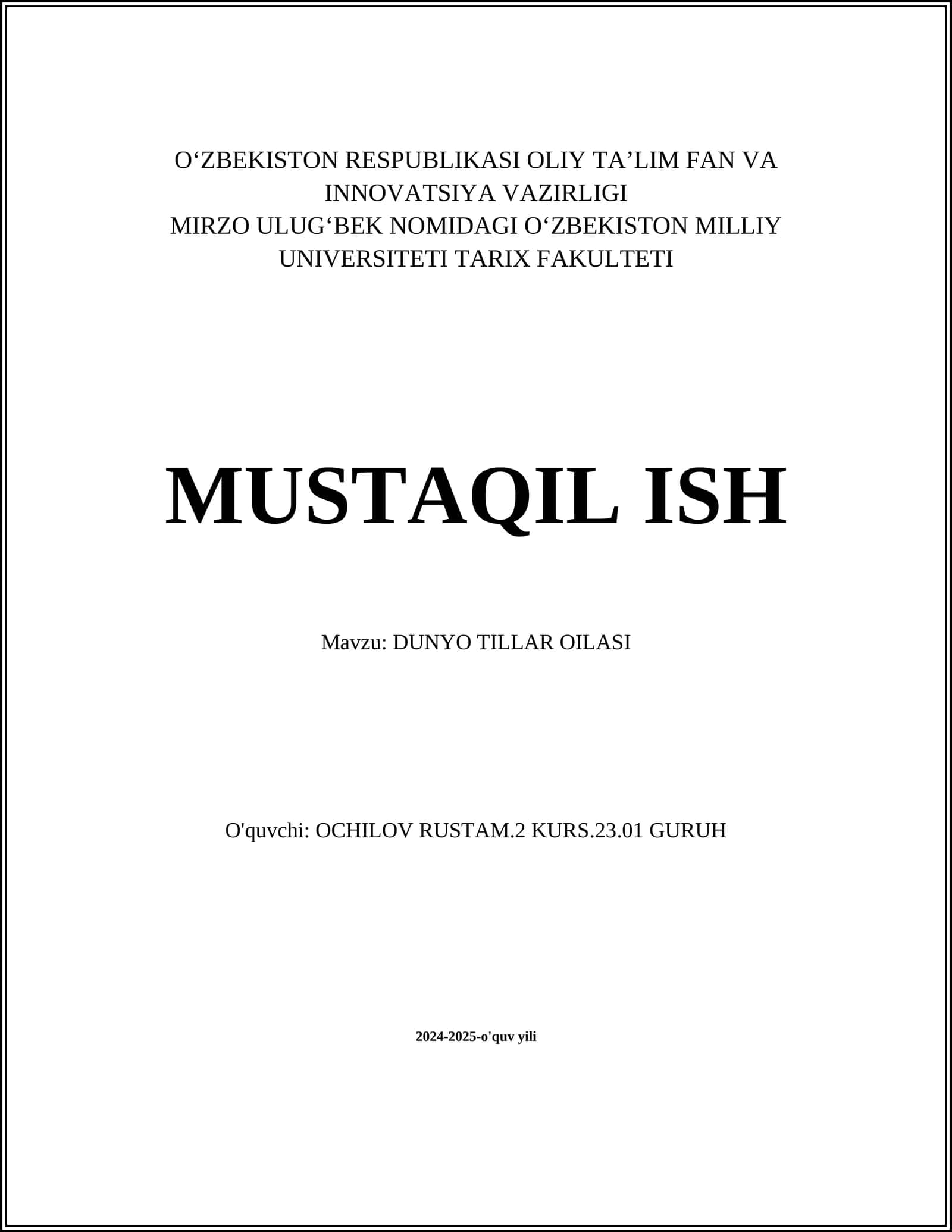 DUNYO TILLAR OILASI - TILSHUNOSLIK FANI