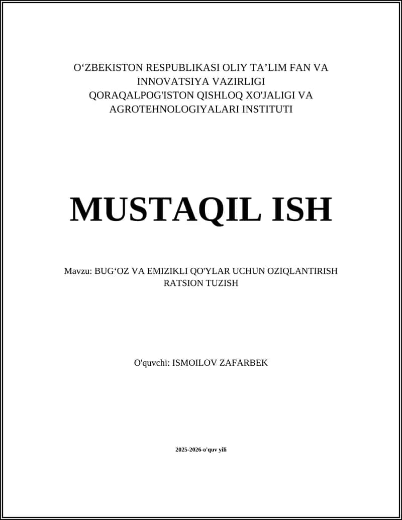 BUGʻOZ VA EMIZIKLI QO'YLAR UCHUN OZIQLANTIRISH RATSION TUZISH