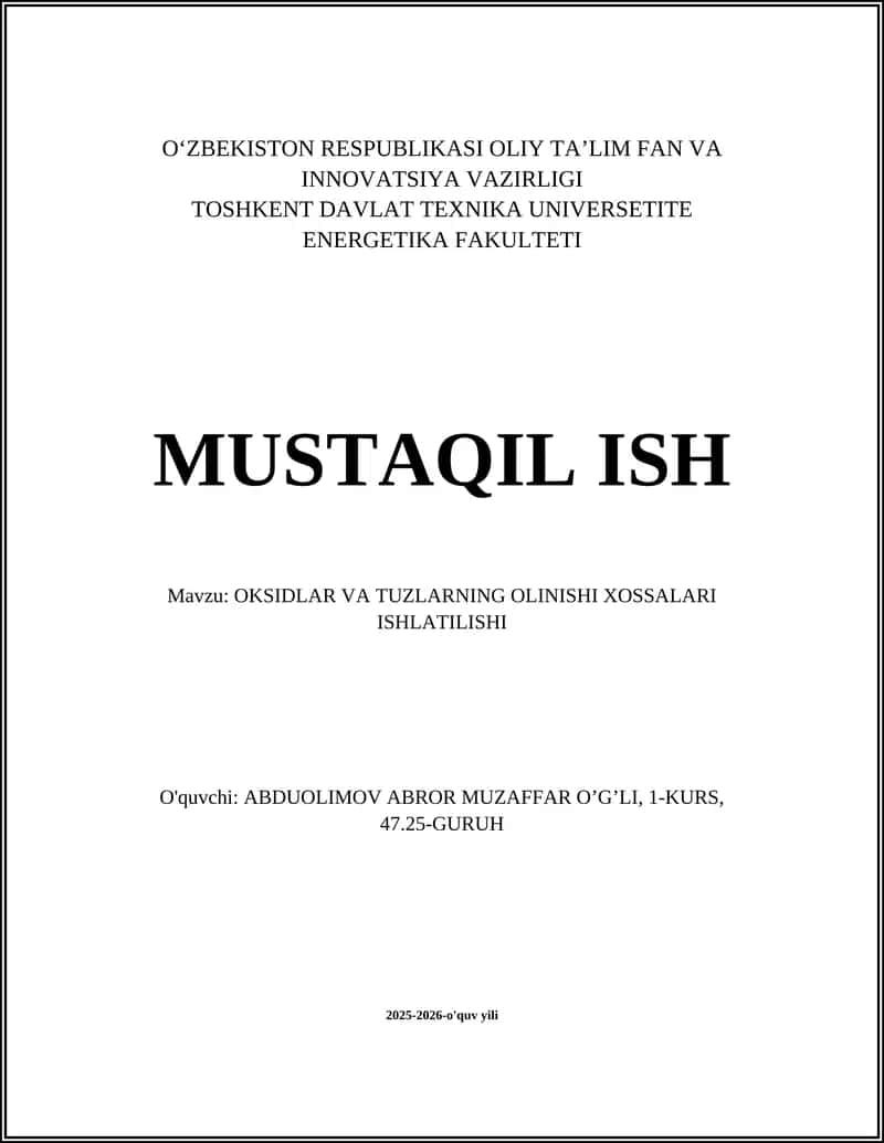 OKSIDLAR VA TUZLARNING OLINISHI XOSSALARI
