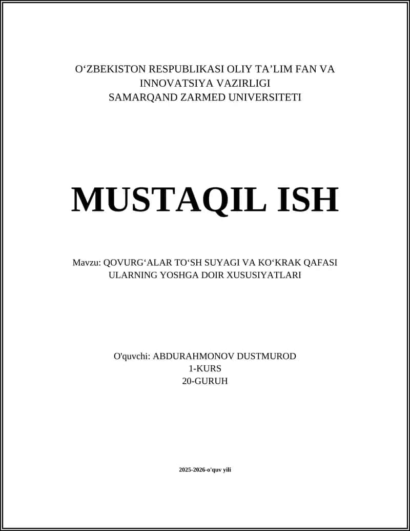QOVURGʻALAR TOʻSH SUYAGI VA KOʻKRAK QAFASI ULARNING YOSHGA DOIR XUSUSIYATLARI