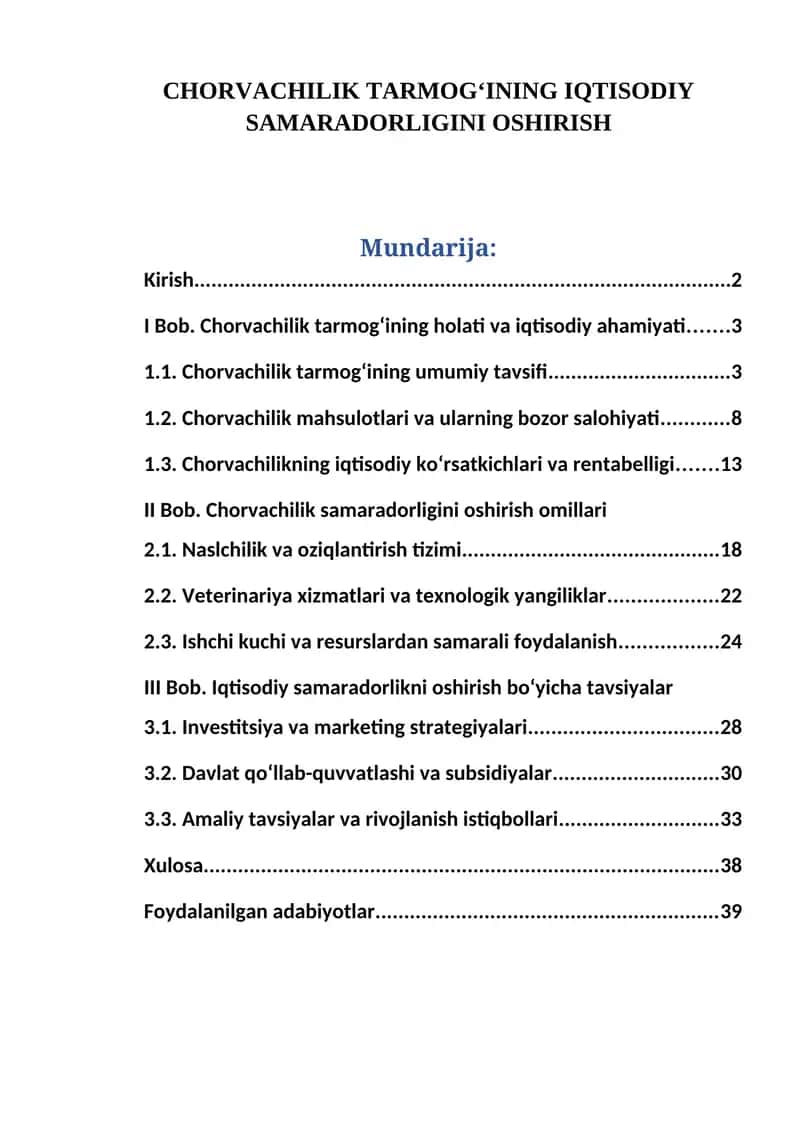 CHORVACHILIK TARMOG‘INING IQTISODIY SAMARADORLIGINI OSHIRISH