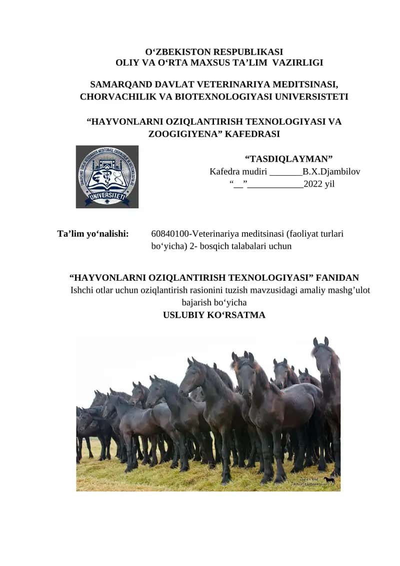 Ishchi otlar uchun oziqlantirish rasionini tuzish