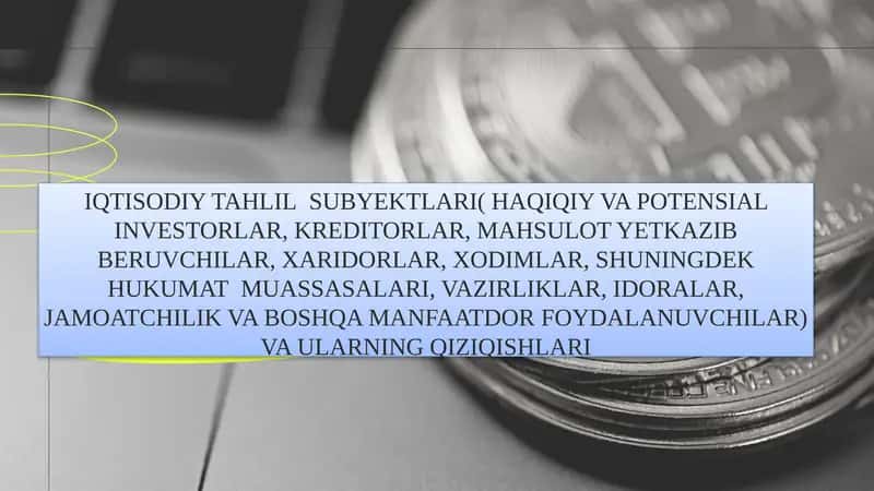 IQTISODIY TAHLIL  SUBYEKTLARI( HAQIQIY VA POTENSIAL INVESTORLAR, KREDITORLAR, MAHSULOT YETKAZIB BERUVCHILAR, XARIDORLAR, XODIMLAR, SHUNINGDEK HUKUMAT  MUASSASALARI, VAZIRLIKLAR, IDORALAR, JAMOATCHILIK VA BOSHQA MANFAATDOR FOYDALANUVCHILAR) VA ULARNING QIZIQISHLARI