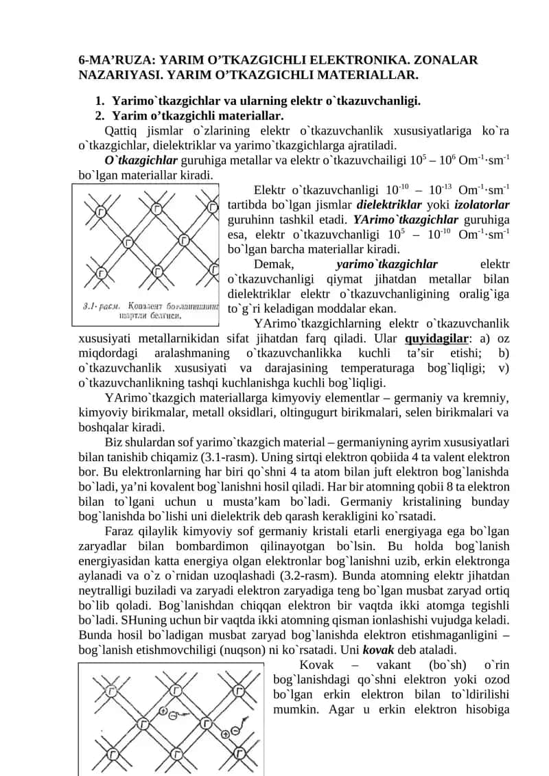 Yarim O'tkazgichli Elektronika. Zonalar Nazariyasi. Yarim O'tkazgichli Materiallar