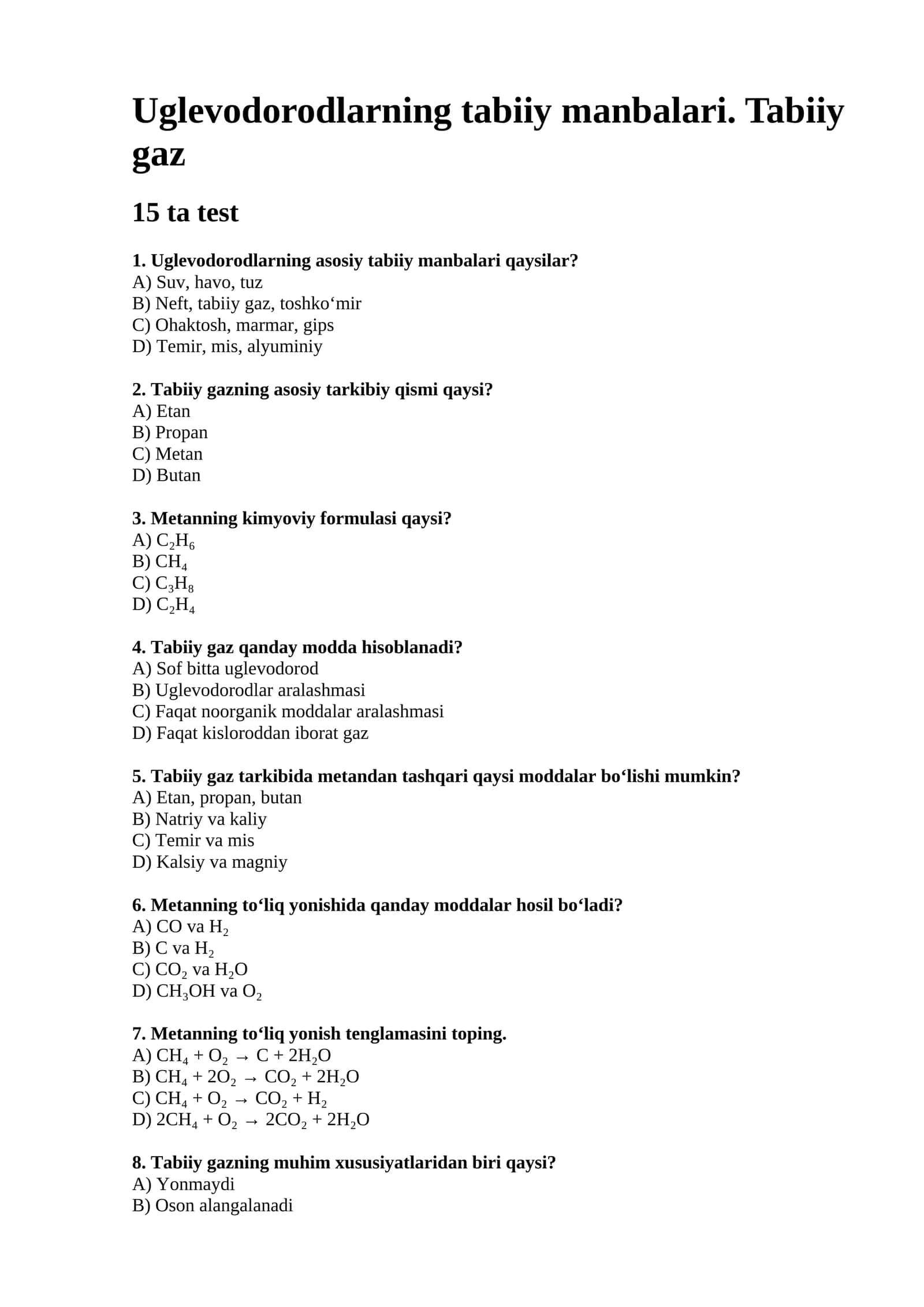 Uglevodorodlarning tabiiy manbalari. Tabiiy gaz
