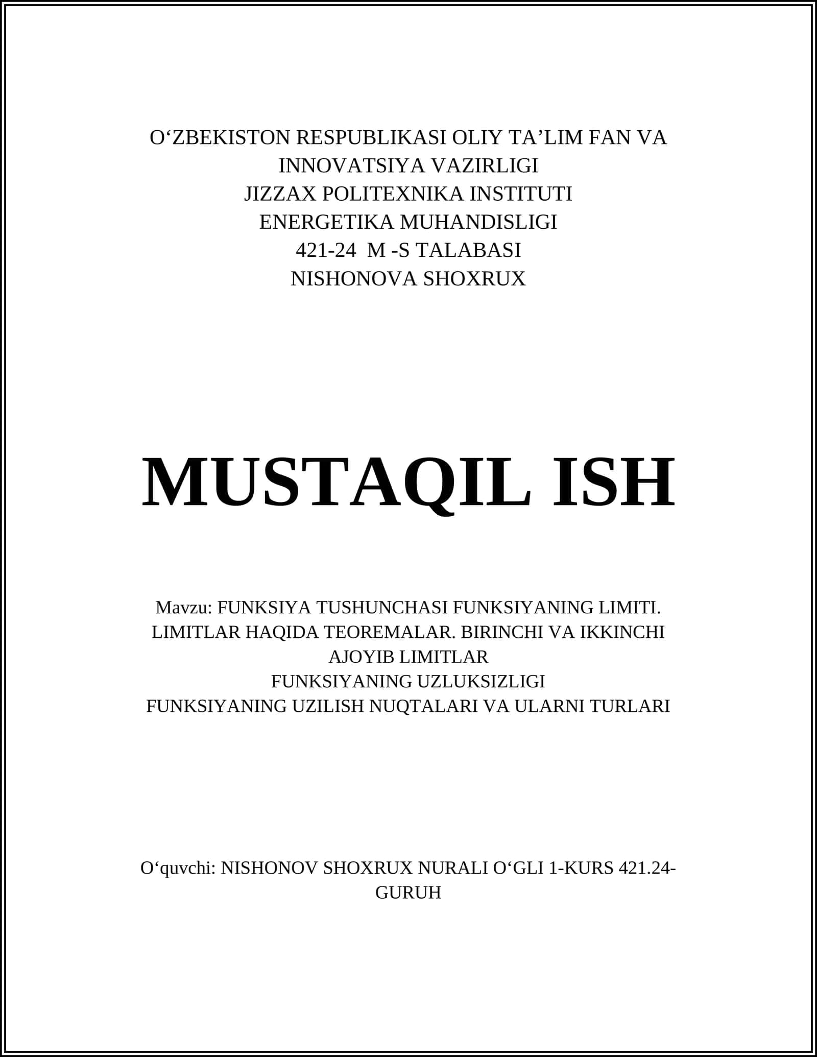 Funksiya Tushunchasi va Limitlari