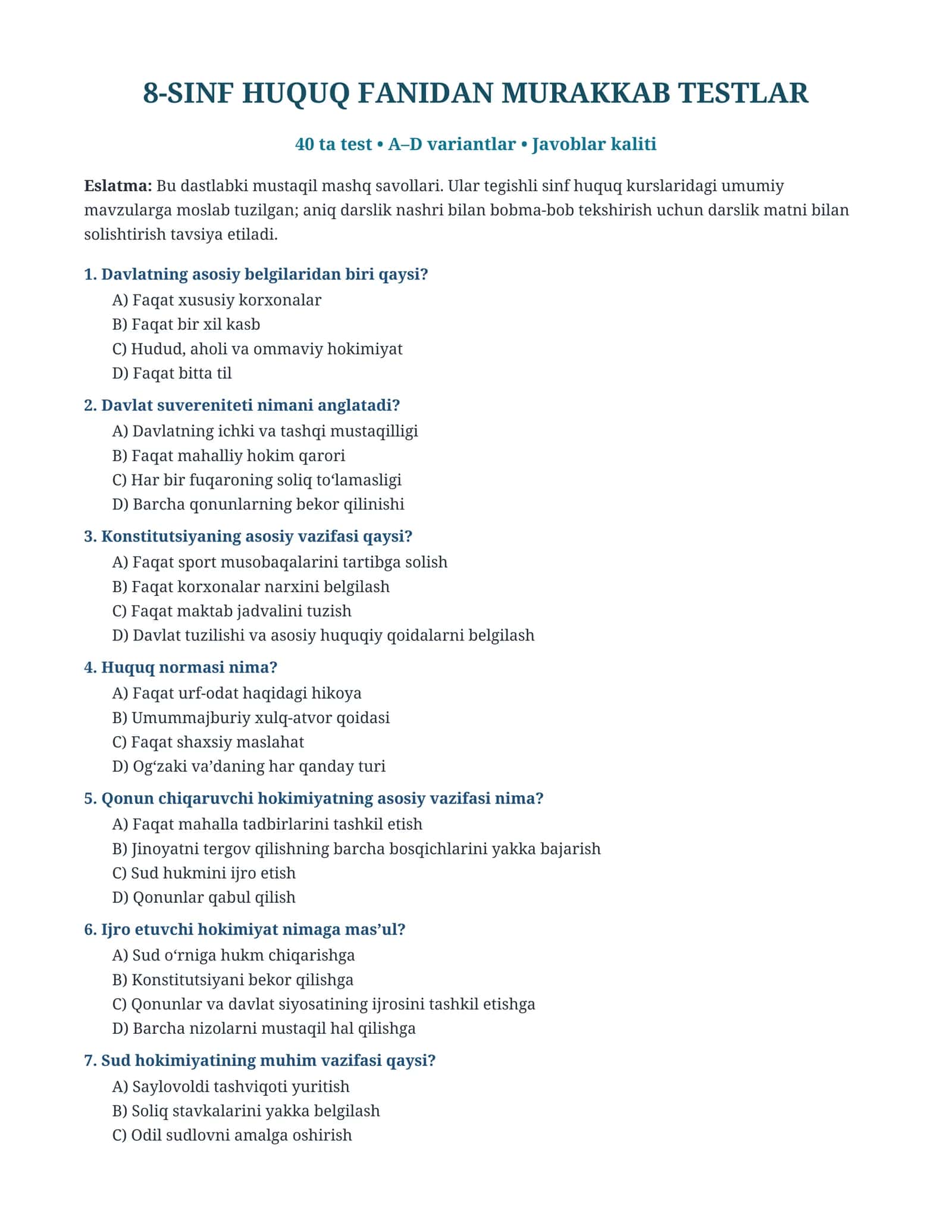 8-sinf huquq fanidan testlar