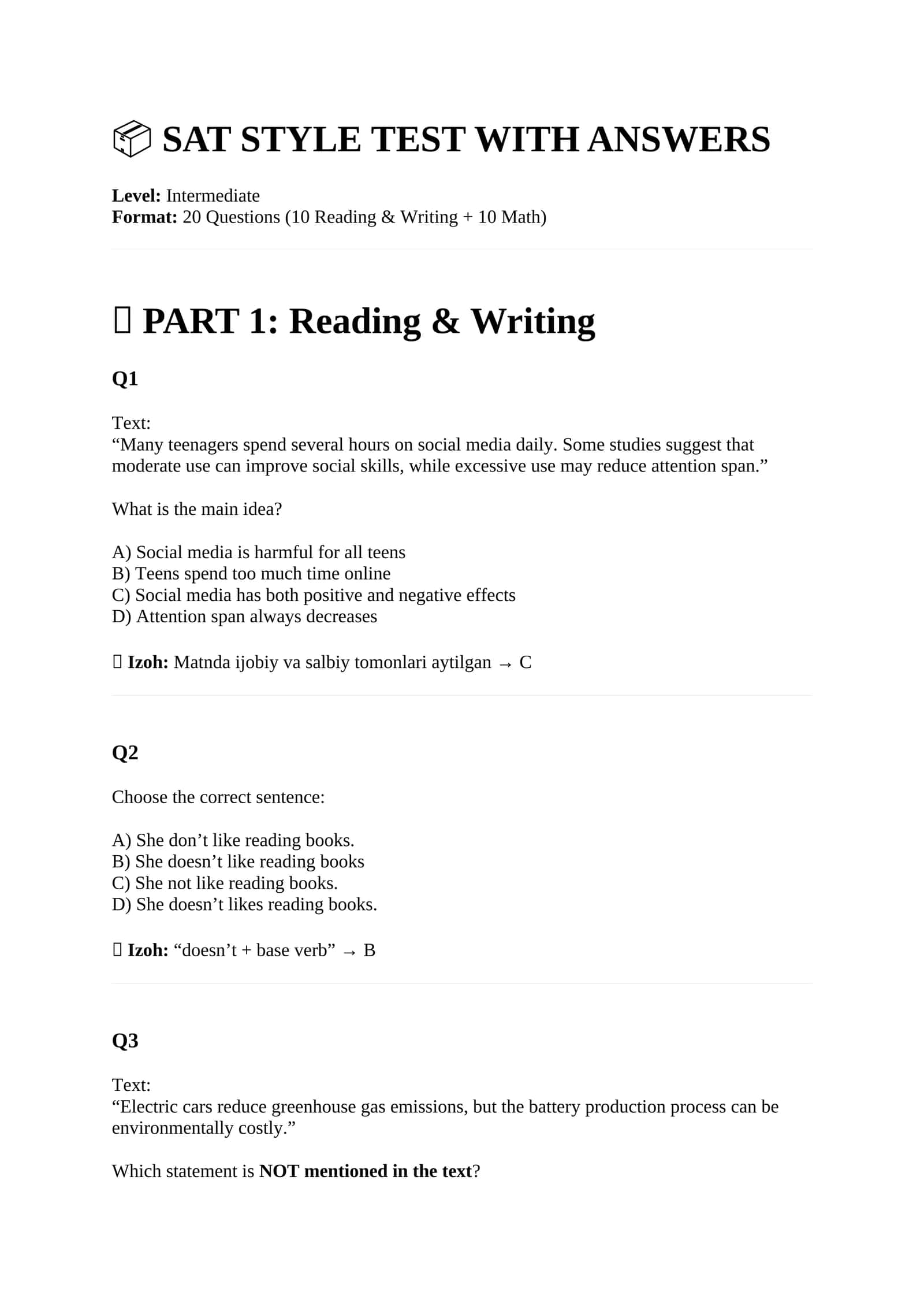 SAT STYLE TEST WITH ANSWERS
