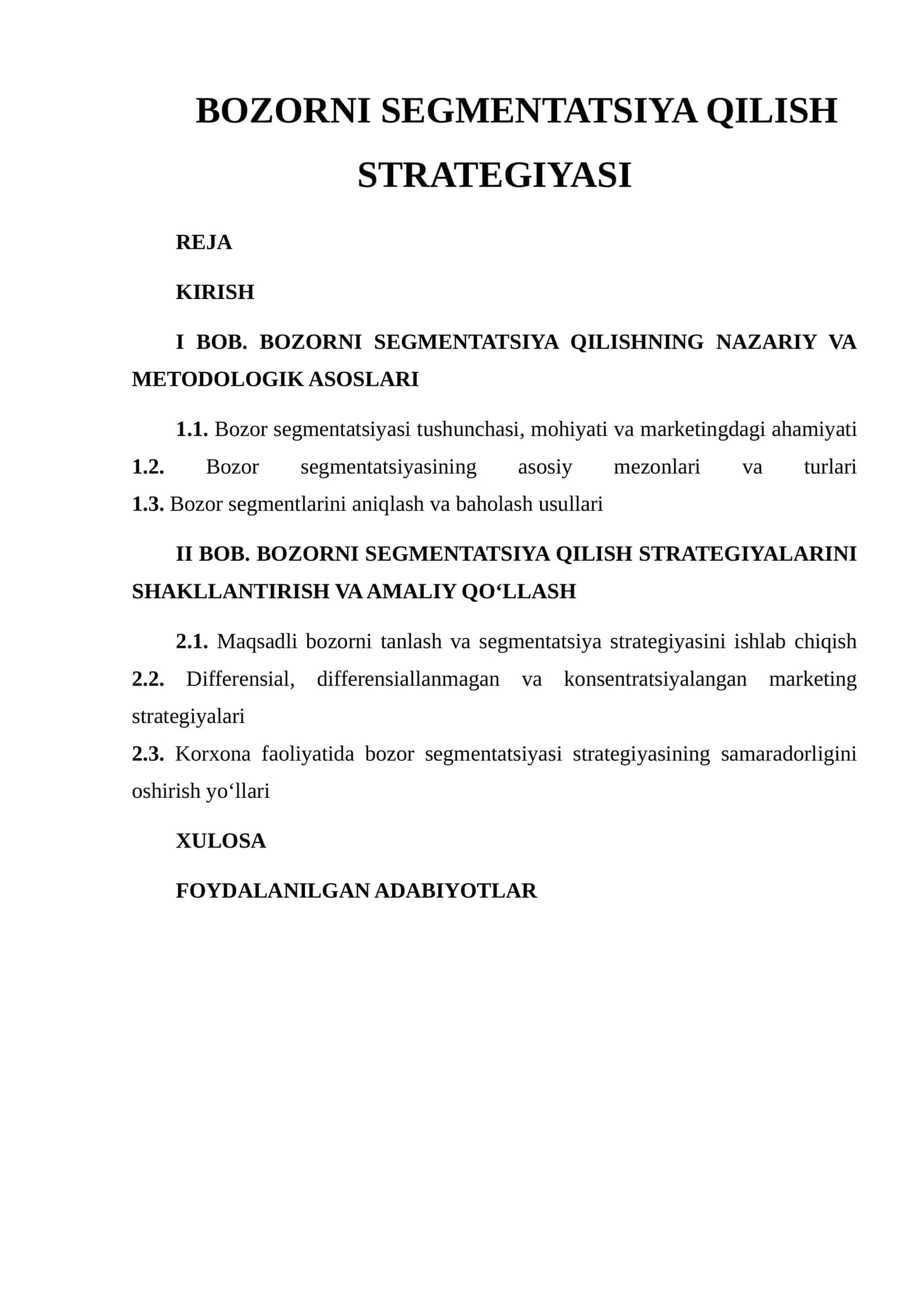 BOZORNI SEGMENTATSIYA QILISH STRATEGIYASI