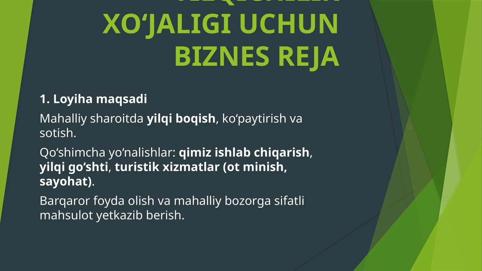 YILQICHILIK XO‘JALIGI UCHUN BIZNES REJA