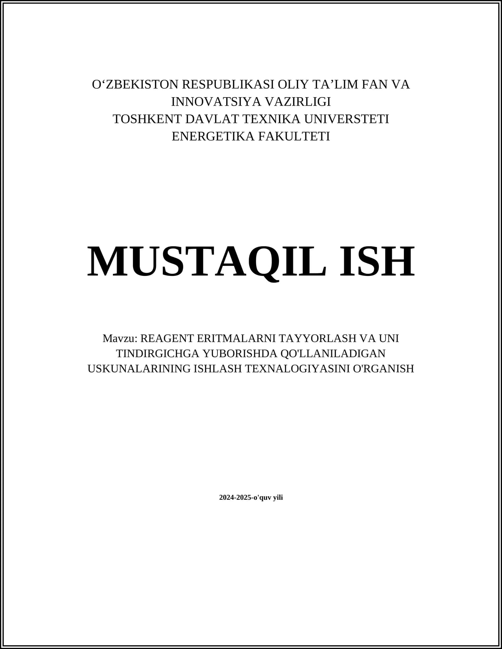 REAGENT ERITMALARNI TAYYORLASH VA UNI TINDIRGICHGA YUBORISHDA QO'LLANILADIGAN USKUNALARINING ISHLASH TEXNALOGIYASINI O'RGANISH