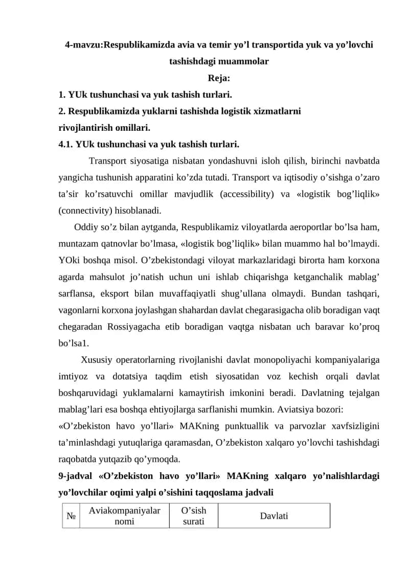 Rеspublikаmizdа аviа vа tеmir yo’l trаnspоrtidа yuk vа yo’lоvchi tаshishdаgi muаmmоlаr