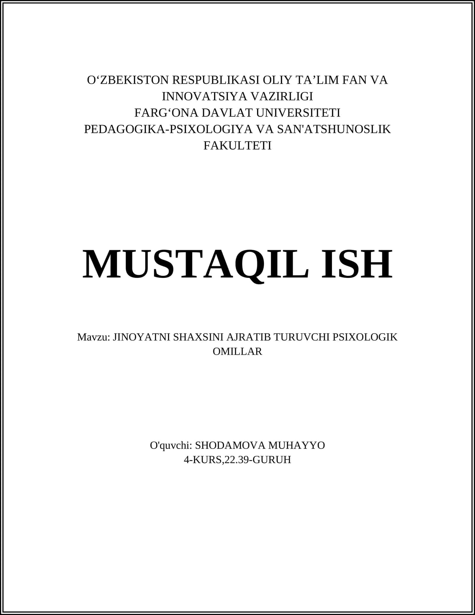 JINOYATNI SHAXSINI AJRATIB TURUVCHI PSIXOLOGIK OMILLAR