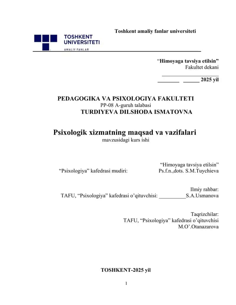 Psixologik xizmatning maqsad va vazifalari