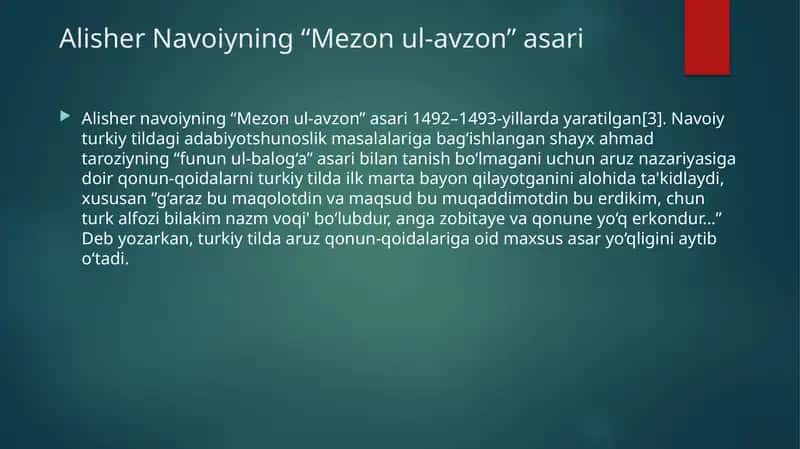 Alisher Navoiyning “Mezon ul-avzon” asari