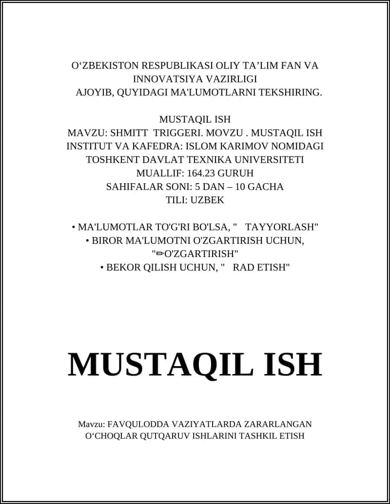 FAVQULODDA VAZIYATLARDA ZARARLANGAN OʻCHOQLAR QUTQARUV ISHLARINI TASHKIL ETISH