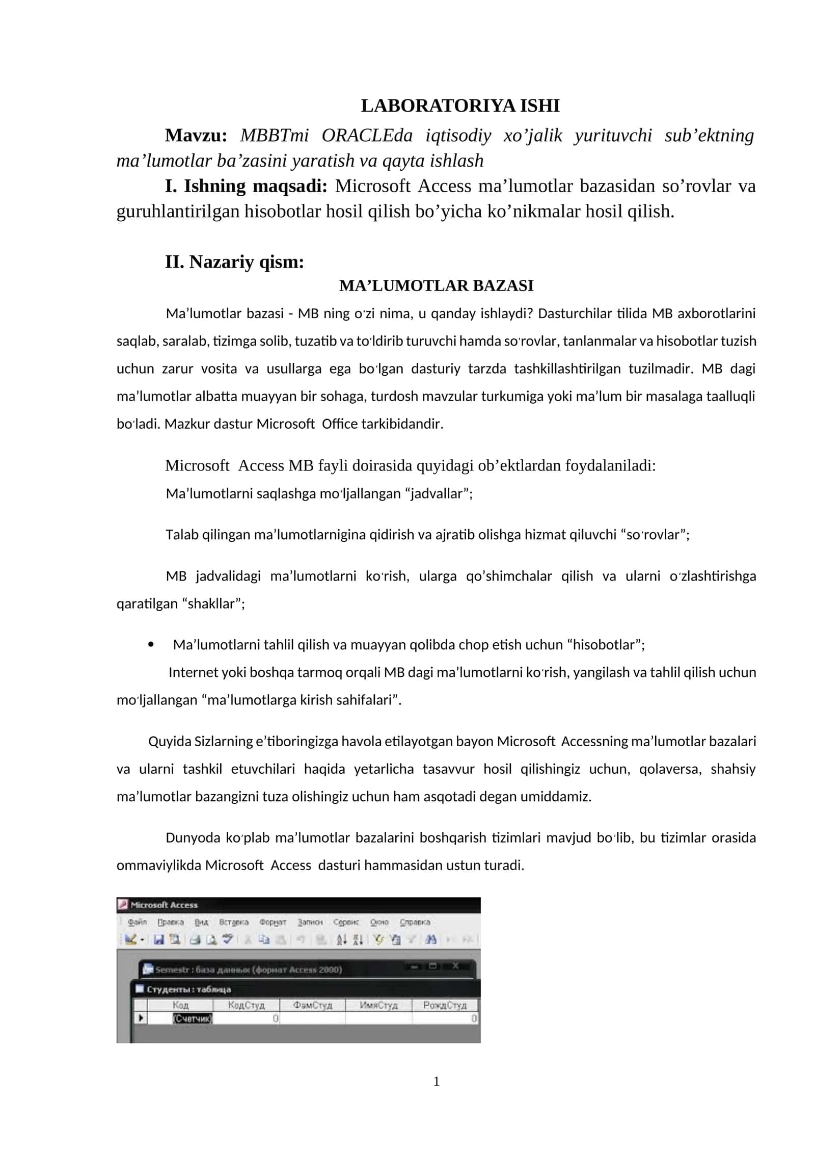 MBBT va Oraclda iqtisodiy xoʻjalik yurituvchi subyektlar maʼlumotlar bazasini yaratish