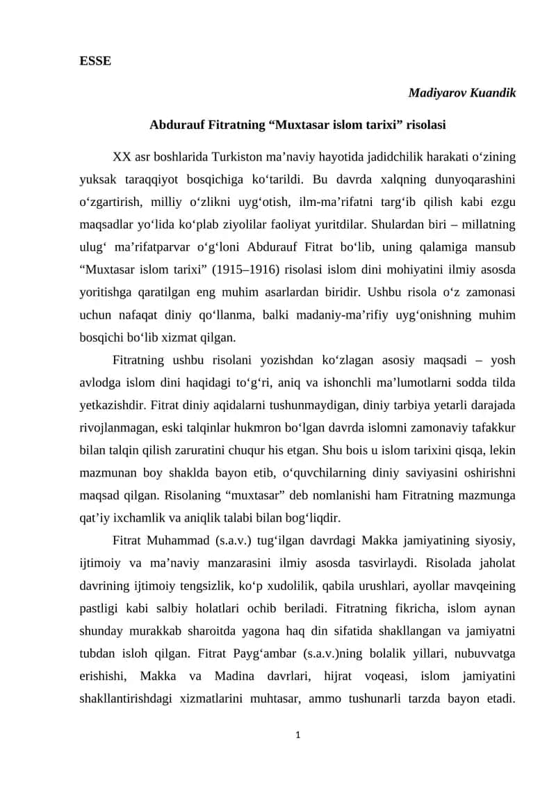 Abdurauf Fitratning “Muxtasar islom tarixi” risolasi