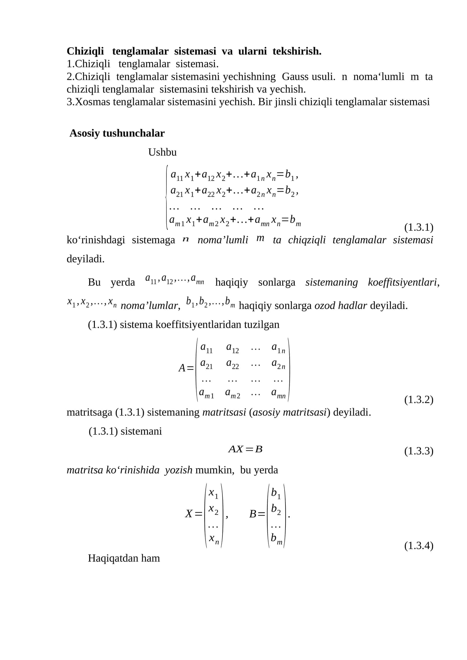 Chiziqli tenglamalar sistemasi va ularni tekshirish
