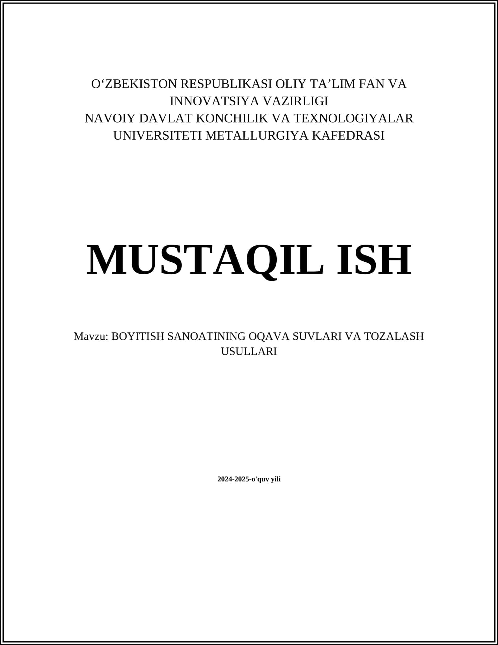 BOYITISH SANOATINING OQAVA SUVLARI VA TOZALASH USULLARI