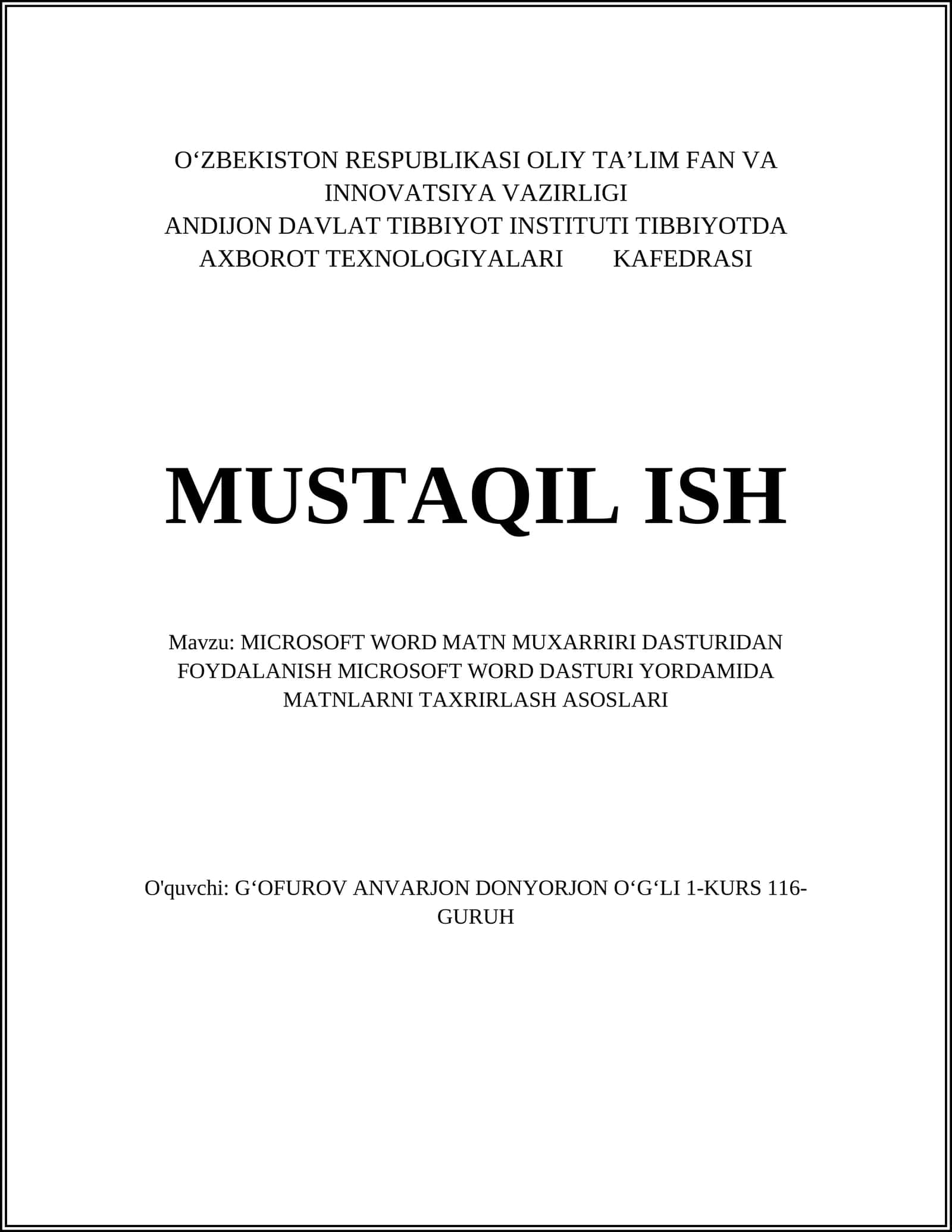 MICROSOFT WORD MATN MUXARRIRI DASTURIDAN FOYDALANISH MICROSOFT WORD DASTURI YORDAMIDA MATNLARNI TAXRIRLASH ASOSLARI