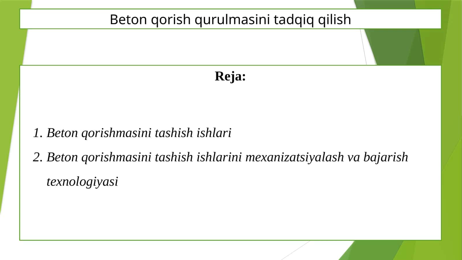 Beton qorish qurilmasini tadqiq qilish