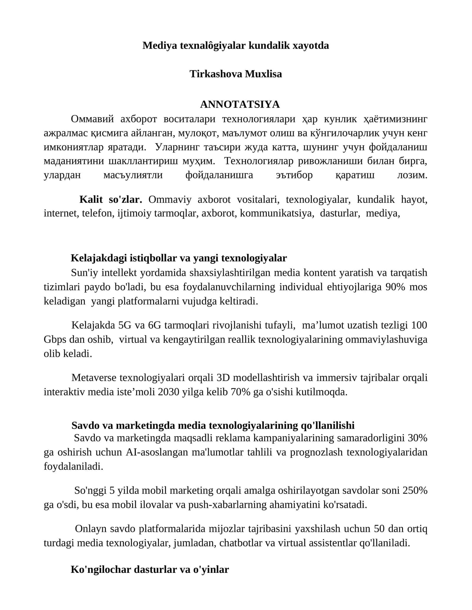 Mediya texnalôgiyalar kundalik xayotda