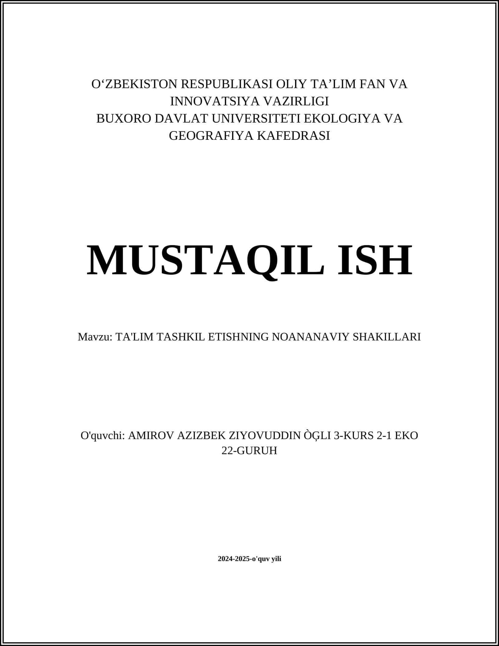 TA'LIM TASHKIL ETISHNING NOANANAVIY SHAKILLARI