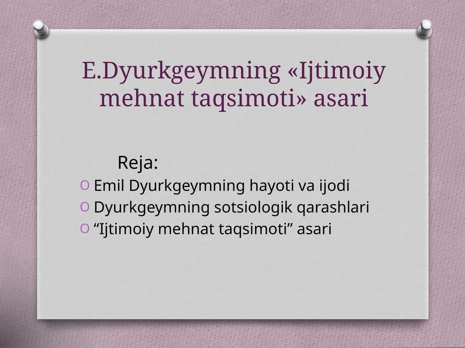 Emil Dyurkgeymning «Ijtimoiy mehnat taqsimoti» asari