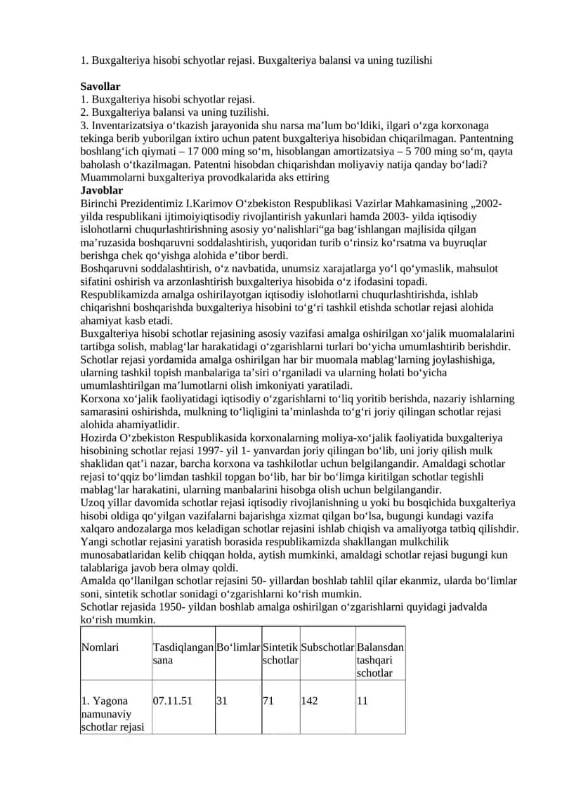 Buxgalteriya hisobi schyotlar rejasi