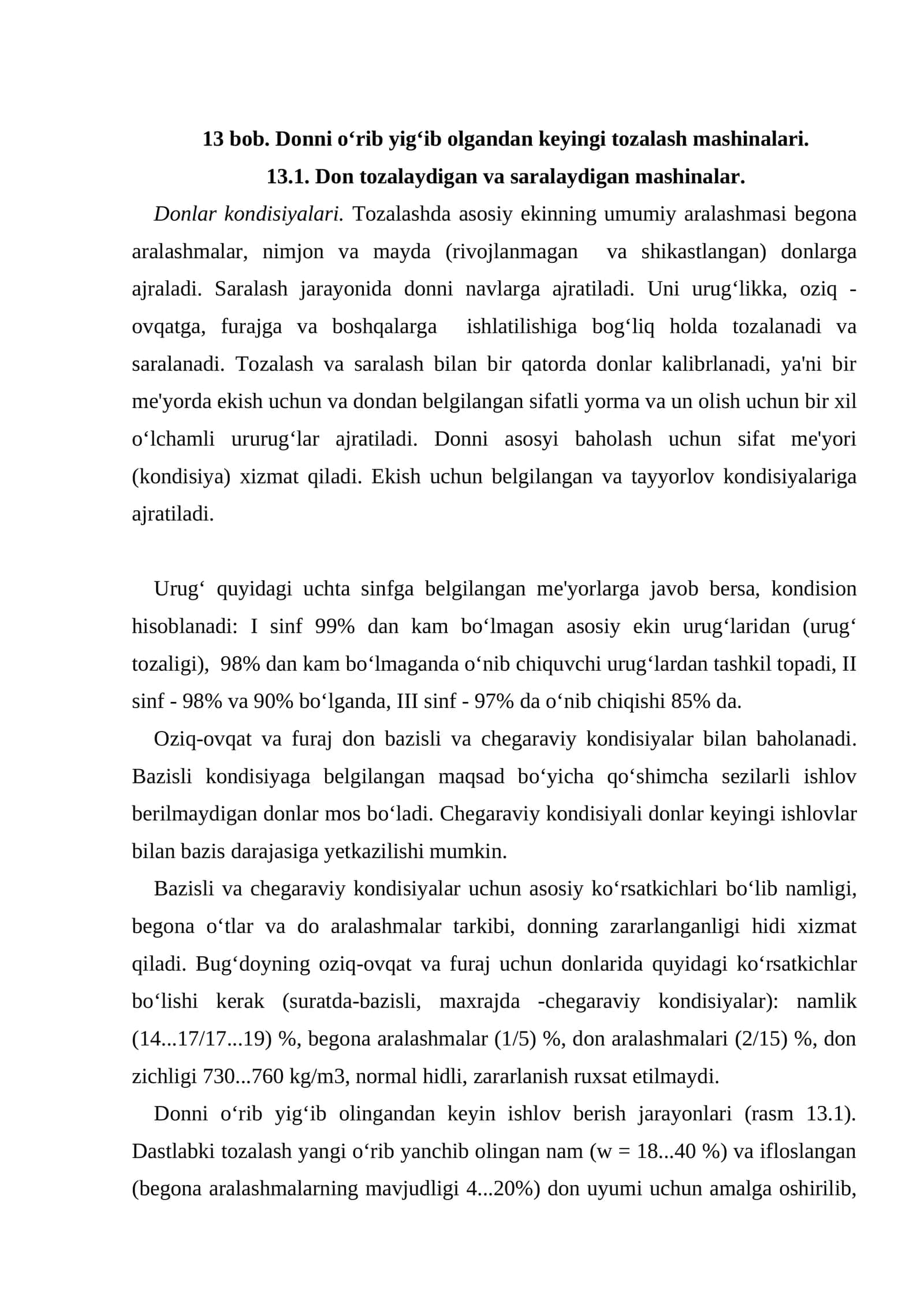 Donni o‘rib yig‘ib olgandan keyingi tozalash mashinalari