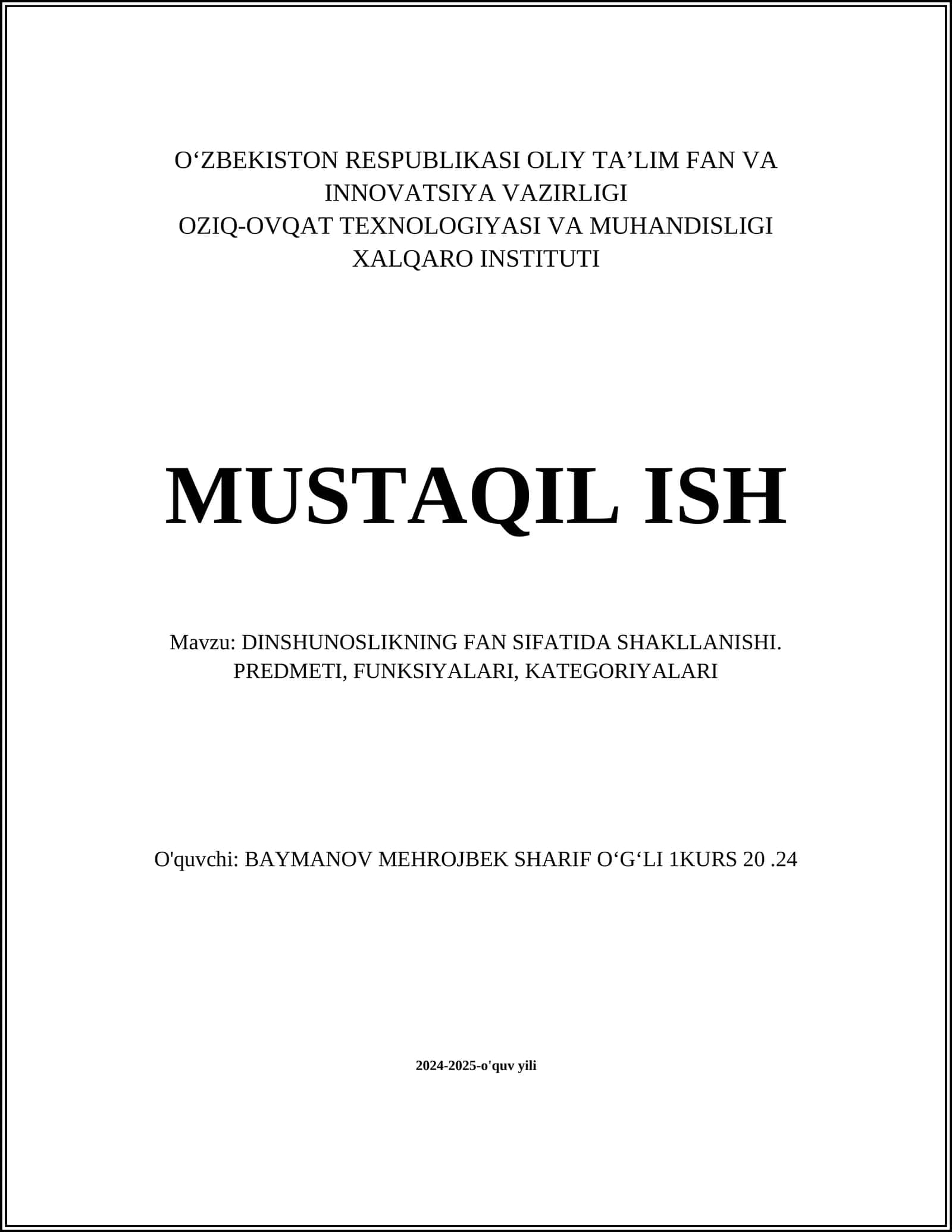 DINSHUNOSLIKNING FAN SIFATIDA SHAKLLANISHI. PREDMETI, FUNKSIYALARI, KATEGORIYALARI