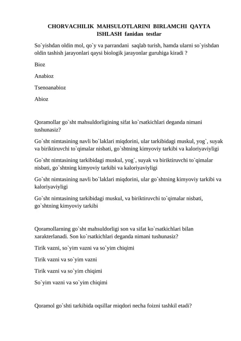 CHORVACHILIK MAHSULOTLARINI BIRLAMCHI QAYTA ISHLASH fanidan testlar