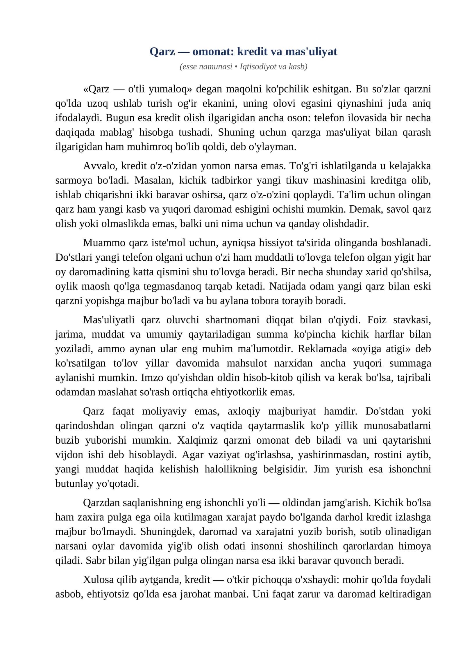 Esse Qarz omonat kredit va masuliyat