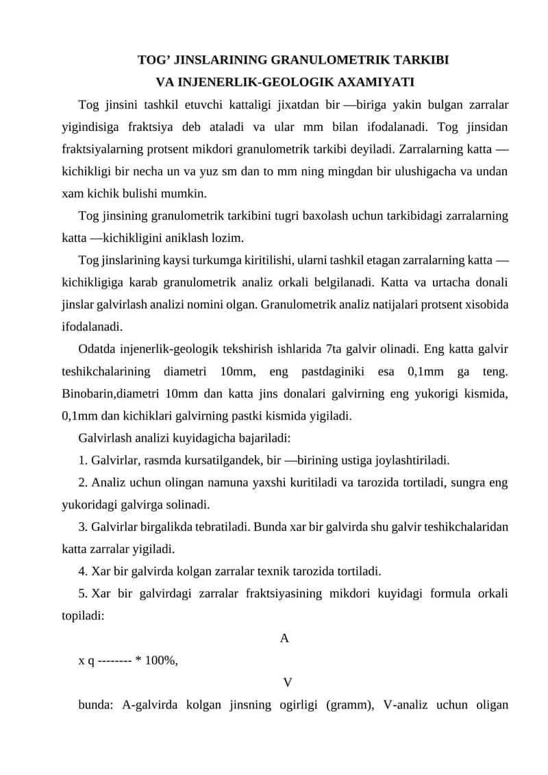 Tog’ jinslarining granulometrik tarkibi va injenerlik-geologik axamiyati