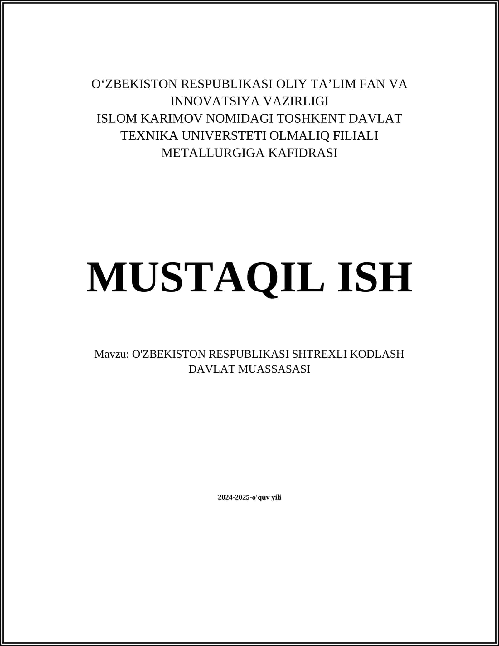 O'ZBEKISTON RESPUBLIKASI SHTREXLI KODLASH DAVLAT MUASSASASI