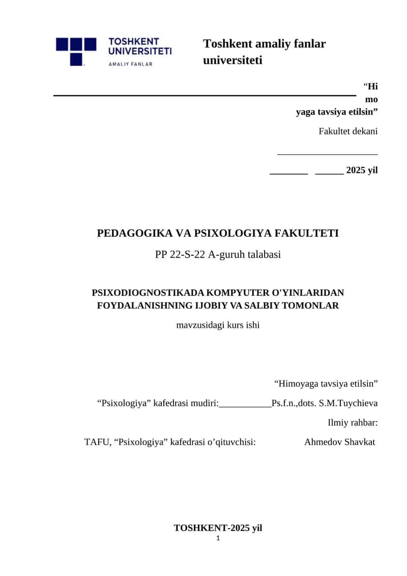PSIXODIOGNOSTIKADA KOMPYUTER O'YINLARIDAN FOYDALANISHNING IJOBIY VA SALBIY TOMONLAR