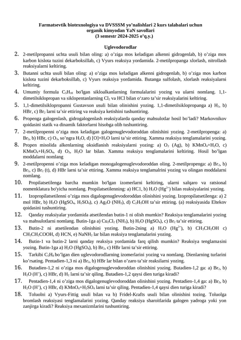 organik kimyodan YaN savollari