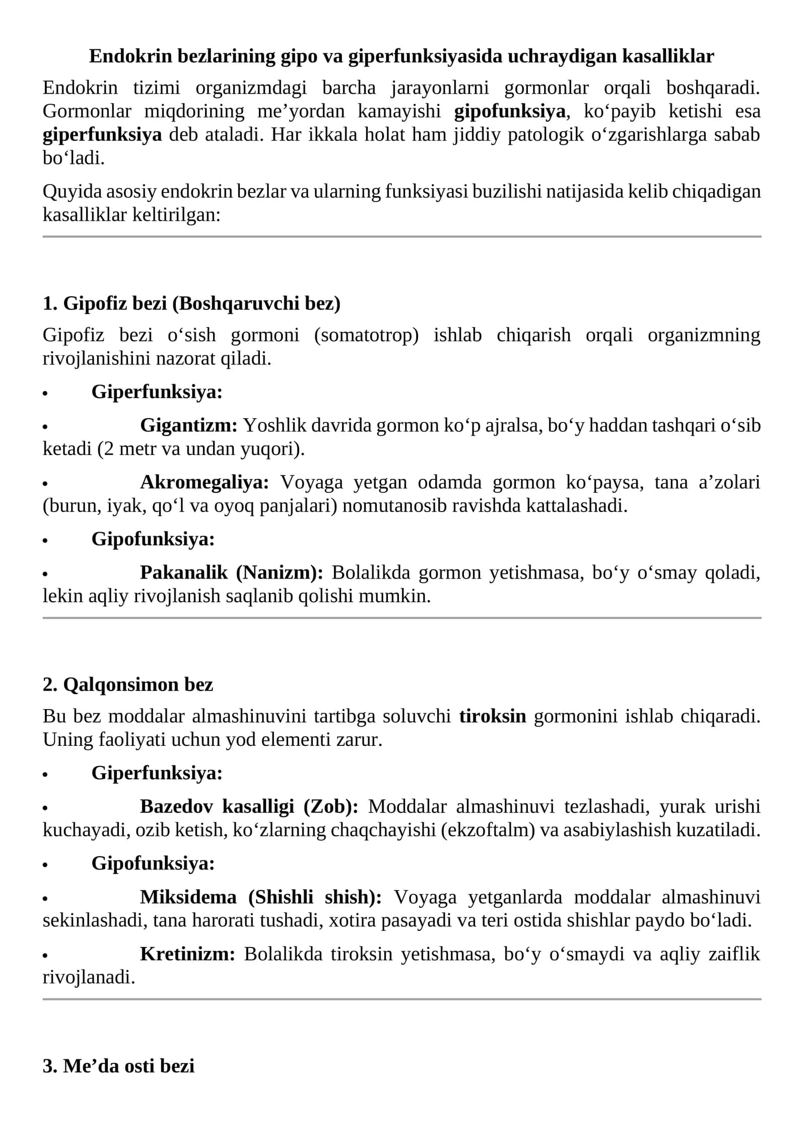 Endokrin bezlarining gipo va giperfunksiyasida uchraydigan kasalliklar