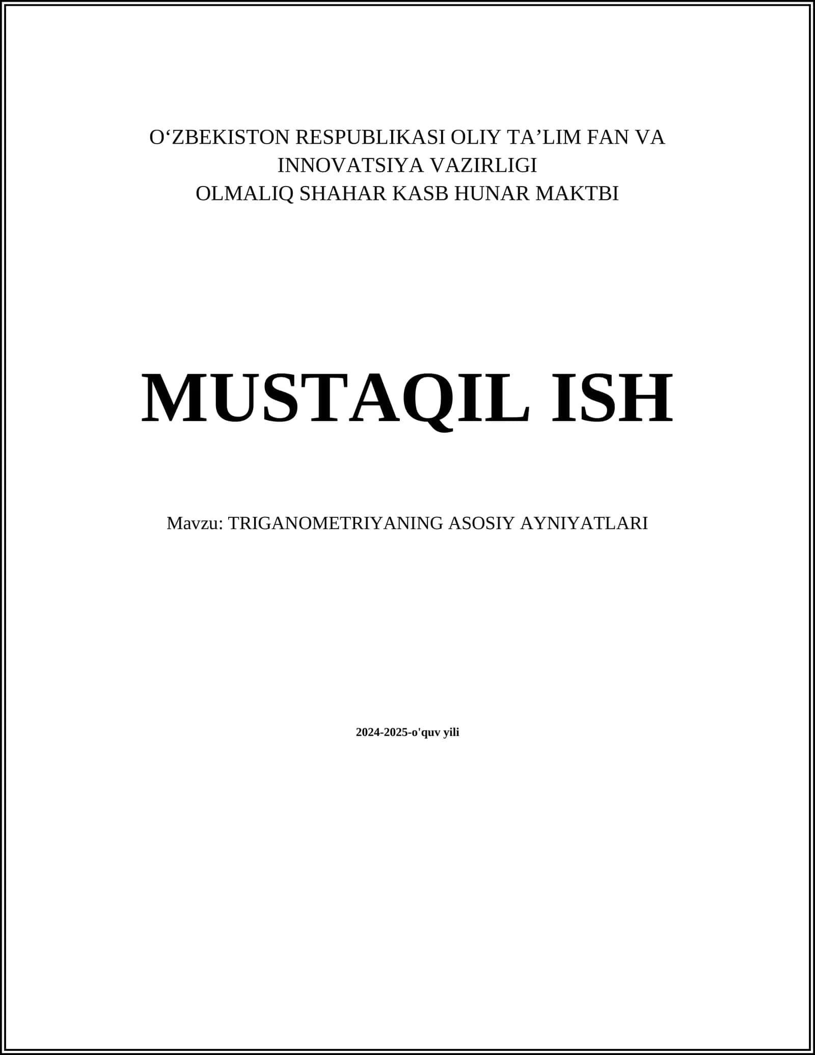 TRIGANOMETRIYANING ASOSIY AYNIYATLARI