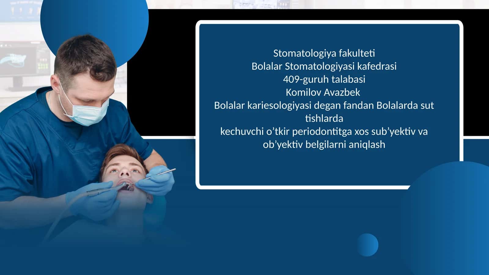 Bolalarda sut tishlarda kechuvchi o’tkir periodontitga xos sub’yektiv va ob’yektiv belgilarni aniqlash