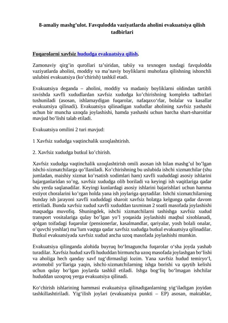 Evakuatsiya Tadbirlari