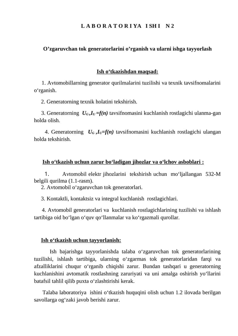 O'zgaruvchan tok generatorlarini oʻrganish va ularni ishga tayyorlash