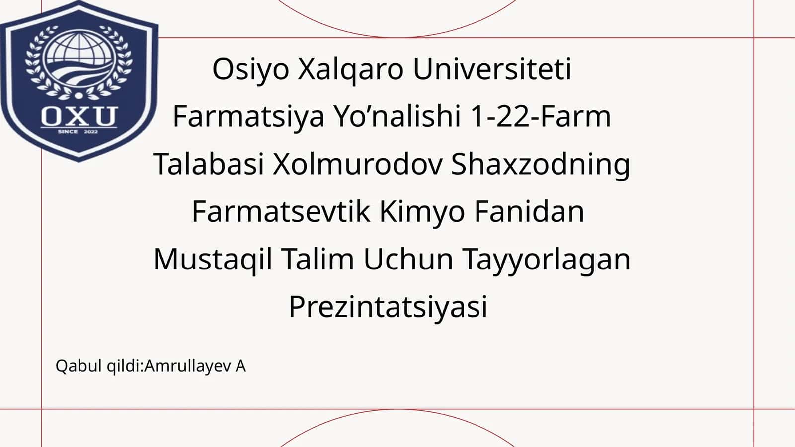 Farmatsevtik Kimyo Fanidan Mustaqil Talim Uchun Tayyorlagan Prezintatsiyasi