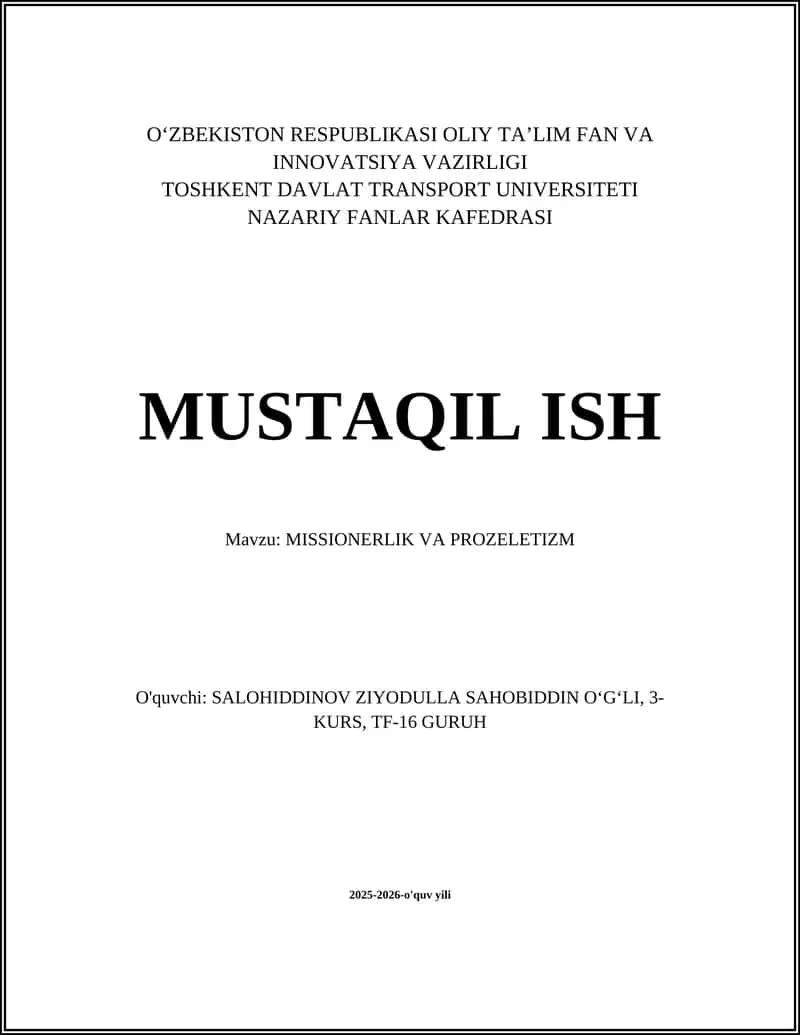 MISSIONERLIK VA PROZELETIZM
