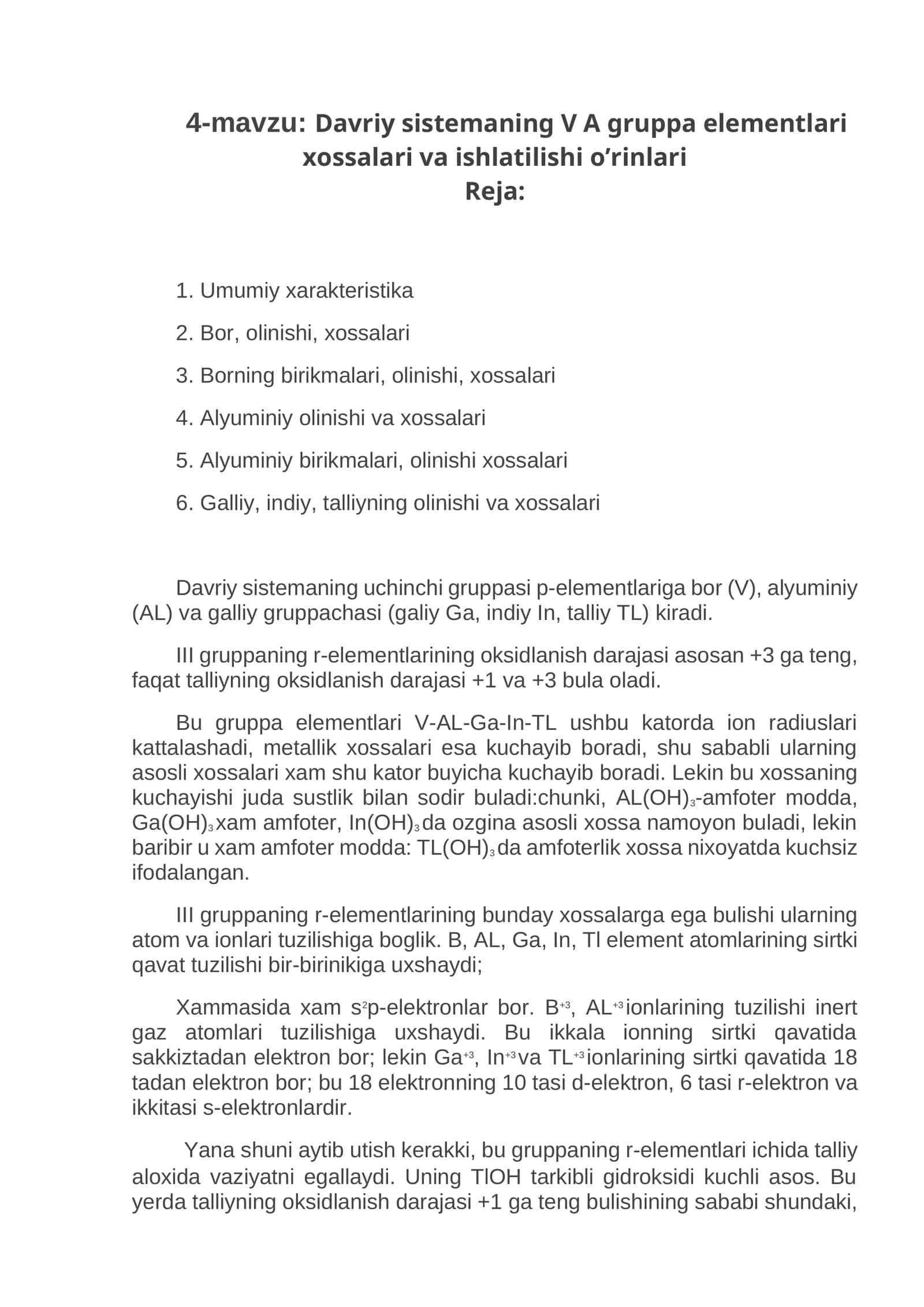 Davriy sistemaning V A gruppa elementlari xossalari va ishlatilishi o’rinlari