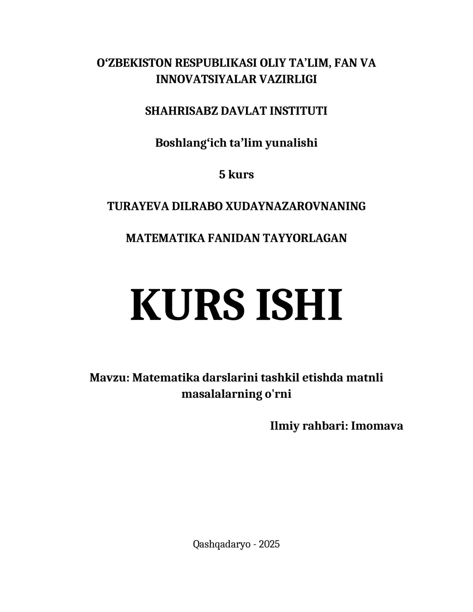 MATEMATIKA DARSLARINI TASHKIL ETISHDA MATNLI MASALALARNING O'RNI