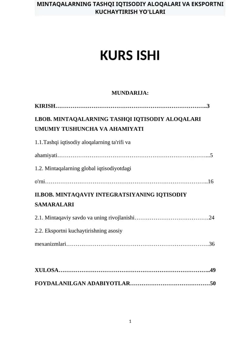 MINTAQALARNING TASHQI IQTISODIY ALOQALARI VA EKSPORTNI KUCHAYTIRISH YO'LLARI KURS ISHI